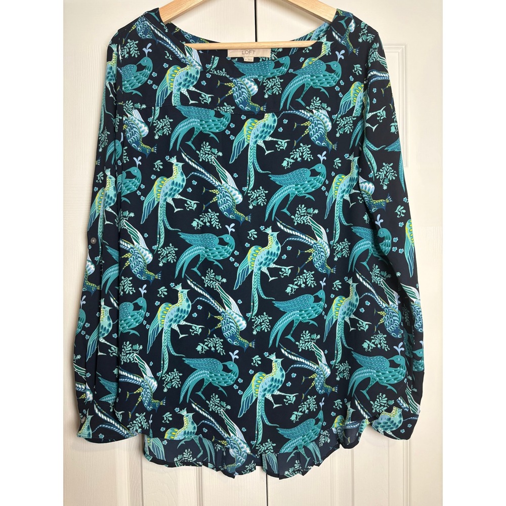Loft Navy Blue Teal Peacock Bird Print Roll Tab Sleeve Pleated Back Blouse M